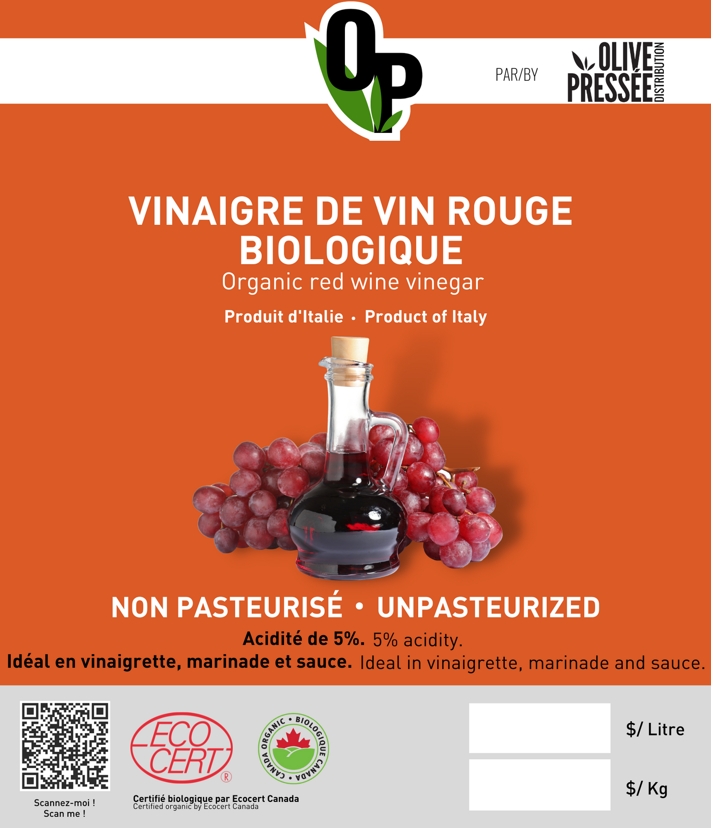 VINAIGRE DE VIN ROUGE BIOLOGIQUE OLIVE PRESSÉE / OLIVE PRESSÉE ORGANIC RED WINE VINEGAR